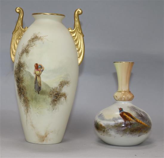 A Royal Worcester blush ivory bottle vase and a similar Grainger & Co two-handled ovoid vase